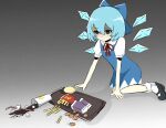 1girl accident blue_eyes blue_hair cirno female food french_fries looking_down mcdonald&amp;#039;s sad short_hair simple_background sitting snale solo spill spilled touhou