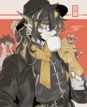  1girl 3boys aak_(arknights) arknights belt black_belt black_coat black_hair black_hat cat_boy cat_girl chinese_clothes coat cup dog_boy furry furry_female furry_male holding holding_cup hung_(arknights) lee_(arknights) monster_boy multiple_boys parted_lips scarf sirakaro steam translation_request waai_fu_(arknights) yellow_eyes yellow_scarf 