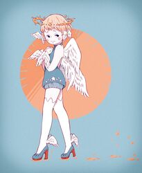  1girl angel angel_wings blonde_hair blue_background blue_eyes feathered_wings full_body halo head_wings high_heels highres looking_at_viewer multiple_wings original short_hair smile solo usape0kyun white_wings wings 