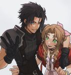  1boy 1girl aerith_gainsborough arm_around_shoulder armor belt belt_buckle black_gloves black_hair blue_eyes bracelet braid braided_ponytail breasts brown_hair buckle choker commentary crisis_core_final_fantasy_vii dress drill_hair drill_sidelocks final_fantasy final_fantasy_vii final_fantasy_vii_rebirth final_fantasy_vii_remake gloves green_eyes hair_ribbon height_difference highres jacket jewelry jidu_que_mi_de_xiao_caocao looking_at_another looking_at_viewer multiple_belts one_eye_closed open_clothes open_jacket parted_bangs parted_lips pink_dress pink_ribbon red_jacket ribbed_sweater ribbon shoulder_armor sidelocks simple_background sleeveless sleeveless_turtleneck small_breasts smile spiky_hair sweater symbol-only_commentary turtleneck turtleneck_sweater upper_body v zack_fair 