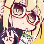  1girl artoria_pendragon_(fate) black_sailor_collar black_shirt blonde_hair blush brown_eyes chibi closed_mouth commentary_request drinking_straw fate/grand_order fate_(series) from_side glasses holding kasuga_yuuki looking_at_viewer looking_to_the_side mysterious_heroine_x_alter_(fate) red-framed_eyewear sailor_collar semi-rimless_eyewear shirt sketch solo under-rim_eyewear upper_body v yellow_background 