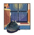  animal animal_focus border cat door doormat facing_away flower full_body full_moon highres itou_shizu light_particles moon night no_humans original plant potted_plant signature solo tabby_cat white_border 