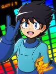  1boy android artist_logo artist_name black_hair blue_bodysuit blue_eyes bodysuit check_commentary commentary_request dated fontatoba highres male_focus mega_man_(character) mega_man_(classic) mega_man_(series) mega_man_day no_headwear open_mouth short_hair smile solo upper_body 