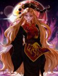  1girl black_kimono blonde_hair breasts closed_mouth cowboy_shot eyes_visible_through_hair fire hair_over_one_eye highres japanese_clothes junko_(touhou) kimono light_smile long_hair long_sleeves looking_at_viewer medium_breasts moon parted_hair phoenix_crown phoenix_print pom_pom_(clothes) purple_fire red_eyes red_tabard solo standing tabard touhou very_long_hair wide_sleeves yoshino_(q_sci) 