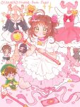  1boy 2girls :&lt; antenna_hair black_hair blush brown_hair cardcaptor_sakura chibi clothes clow_card full_body fuuin_no_tsue green_eyes highres holding holding_wand hoshi_no_tsue kero_(cardcaptor_sakura) kinomoto_sakura li_syaoran long_hair looking_at_viewer magical_girl multiple_girls parted_lips school_uniform short_hair shortcake_p stuffed_animal stuffed_toy teddy_bear tomoeda_elementary_school_uniform wand 