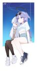  2girls absurdres alternate_costume blue_archive casual closed_eyes halo highres long_hair mona_kkkk multiple_girls noa_(blue_archive) purple_hair violet_eyes white_background white_hair yuuka_(blue_archive) 
