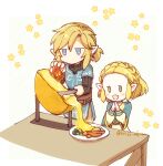  1boy 1girl blonde_hair blue_eyes blue_shirt braid broccoli champion&#039;s_tunic_(zelda) cheese cheese_wheel chibi commentary crown_braid diagonal_striped_background fire food green_eyes holding holding_knife kaidou_mitsuki knife link open_mouth own_hands_together plate pointy_ears princess_zelda shirt short_ponytail sidelocks sitting standing symbol-only_commentary table the_legend_of_zelda the_legend_of_zelda:_tears_of_the_kingdom 