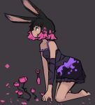  1girl animal_ears assassin_rabbit barefoot black_background black_camisole black_hair black_skirt camisole closed_mouth earrings expressionless flower full_body highres jewelry kneeling knife kunai mino_dev multicolored_hair pink_flower pink_hair pink_rose planted planted_knife profile purple_skirt rabbit_and_steel rabbit_ears rabbit_girl rose short_hair simple_background skirt solo two-tone_hair two-tone_skirt violet_eyes weapon 