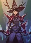  aged_up armor commentary concept_art english_commentary gauntlets hat holding holding_staff kagari_atsuko little_witch_academia long_hair looking_at_viewer official_art pants purple_pants purple_skirt shoulder_armor sidelocks skirt staff witch witch_hat yoshinari_you 