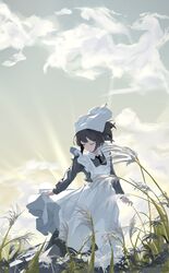  1girl absurdres apron black_dress black_hair chinese_commentary closed_eyes clouds commentary dress facing_viewer highres long_sleeves looking_down maid original outdoors reeds short_hair skirt_hold sky solo standing white_apron youik16 