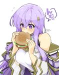  1girl bare_shoulders burger circlet dress eating fire_emblem fire_emblem:_genealogy_of_the_holy_war food holding holding_burger holding_food julia_(fire_emblem) long_hair purple_hair simple_background solo violet_eyes wide_sleeves yukia_(firstaid0) 