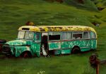  1girl abandoned apron broken_window bus dress grass highres hill io_(onisarashi) maid motor_vehicle nature original outdoors rust scenery sitting solo 