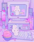  book can computer crt cupcake drink_can food highres indoors keyboard_(computer) lava_lamp limited_palette marshmallow monitor no_humans object_focus original pepparmint310 pink_theme shade soda_can sprinkles stuffed_animal stuffed_rabbit stuffed_toy unicorn_horn white_fur wire 