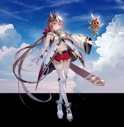  1girl ahoge ankle_ribbon asymmetrical_sleeves belt black_belt black_ribbon blue_sky boots bow brown_hair clouds coat commentary crossed_legs detached_sleeves egg fantasy floating_hair full_body hair_bow hair_ornament hand_up highres leg_ribbon light_particles long_hair long_sleeves looking_at_viewer low_ponytail midriff navel official_art red_bow red_eyes red_shorts ribbon short_shorts shorts sky sleeveless sleeveless_coat solo standing thigh_boots tidsean uneven_sleeves very_long_hair vocaloid vsinger_(vocaloid) watson_cross white_coat white_footwear yuezheng_ling 