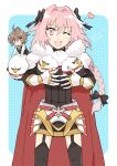  2boys astolfo_(fate) belt bird black_shirt black_thighhighs border braid cape fang fate/apocrypha fate_(series) fon-due_(fonfon) garter_straps heart looking_at_viewer male_focus multiple_boys one_eye_closed otoko_no_ko pink_eyes pink_hair red_cape red_eyes shirt sieg_(fate) skin_fang thigh-highs white_border 