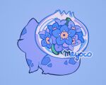  absurdres blue_background blue_flower blue_scales blue_theme bulbasaur closed_eyes commentary english_commentary flower forget-me-not_(flower) from_behind highres meyoco no_humans pokemon pokemon_(creature) signature sitting 