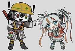  1girl 1other androgynous black_coat black_footwear black_hair black_necktie black_pantyhose blue_eyes blush_stickers boots chibi coat collared_shirt colored_skin copyright_name denka_shaa floating_headgear full_body gloves green_eyes grey_background grey_gloves grey_hair grey_skirt hard_hat headgear headphones helmet heterochromia highres holding_baton jacket kalawakan long_hair long_sleeves looking_at_viewer michishirube_kiro multicolored_hair necktie no_sclera open_mouth orange_hair outstretched_arm pantyhose red_eyes red_jacket redhead shirt shoes short_hair simple_background single_blush_sticker skirt smile standing streaked_hair striped_clothes striped_pantyhose traffic_baton twintails utau v-shaped_eyebrows very_long_hair white_skin yellow_eyes yellow_pantyhose 