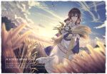  1girl backlighting bird blurry blurry_foreground brown_eyes brown_hair closed_mouth clouds commentary dress eagle english_text flower highres holding holding_wheat long_hair looking_at_viewer original outdoors solo tena_(tenor_07209) wheat wheat_field white_dress white_flower 