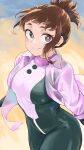  1girl absurdres blush blush_stickers bodysuit boku_no_hero_academia breasts brown_eyes brown_hair closed_mouth collared_shirt fengling_(furin-jp) green_bodysuit hair_up highres looking_at_viewer medium_breasts multicolored_bodysuit multicolored_clothes official_alternate_hairstyle open_clothes open_shirt pink_shirt shirt short_hair sidelocks smile solo superhero_costume uraraka_ochako 