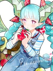  1girl alternate_costume apple blue_nails blue_overalls cbdooicsakurako closed_mouth clothing_cutout commentary_request cross-shaped_pupils fate/grand_order fate_(series) flat_chest food fruit holding holding_food holding_fruit horns larva_tiamat_(fate) long_hair long_sleeves looking_at_viewer overalls pink_eyes pointy_ears shoulder_cutout simple_background sitting solo symbol-shaped_pupils tiamat_(exhibition_attire)_(fate) tiamat_(fate) twintails white_background 