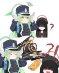  &gt;_&lt; 2girls absurdres beret black_choker black_hair black_hat black_jacket black_sailor_collar black_serafuku blue_archive blush buttons choker closed_mouth double-breasted gloves green_hair green_halo halo hat highlander_sidelocks_conductor_(blue_archive) highres jacket justice_task_force_member_(blue_archive) long_hair long_sleeves multiple_girls neckerchief open_mouth peaked_cap pointy_ears red_eyes red_halo red_neckerchief sailor_collar school_uniform serafuku simple_background unli_free white_background white_gloves yellow_eyes 