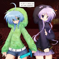  2000s_(style) 2girls belt blue_hair blush bow_(weapon) commentary cosplay creeparka creeper creeper_(cosplay) crossover denim denim_shorts enderman enderman_(cosplay) english_commentary english_text game_screenshot_background green_eyes highres hiiragi_kagami holding holding_bow_(weapon) holding_sword holding_weapon hood hood_up hoodie izumi_konata jelly_(bonnybel) long_hair long_sleeves lucky_star minecraft minecraft_sword miniskirt multiple_girls purple_hair purple_skirt shorts skirt sleeves_past_wrists speech_bubble sword the_nether_(minecraft) two_side_up very_long_hair violet_eyes weapon white_belt 