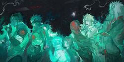  2girls 6+boys black_hair cheekbones child cigarette closed_eyes cowboy_shot disappear facial_mark facing_another forehead_protector ghost green_theme grin hand_on_own_chin happy hatake_sakumo hex_6shui highres jiraiya_(naruto) laughing lighting_cigarette long_hair looking_to_the_side low_ponytail multiple_boys multiple_girls namikaze_minato naruto_(series) naruto_shippuuden ninja nohara_rin ootsutsuki_hagoromo profile redhead sarutobi_asuma scratching_head short_hair sky smile smoke space spiky_hair star_(sky) starry_sky stroking_own_chin uchiha_obito upper_body uzumaki_kushina uzumaki_symbol very_long_hair 