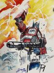  1980s_(style) 1boy artist_name axe commentary daniel_warren_johnson energy_gun english_commentary gun highres holding holding_gun holding_weapon mecha no_humans optimus_prime retro_artstyle robot science_fiction solo standing transformers weapon 