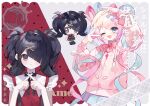  2girls ;d ame-chan_(needy_girl_overdose) arm_up black_hair black_ribbon blonde_hair blue_bow blue_eyes blue_hair bow cat_hair_ornament chibi chibi_inset chinese_commentary chouzetsusaikawa_tenshi-chan collared_shirt commentary_request double_v dual_persona grey_eyes hair_bow hair_ornament hair_over_one_eye hairclip hand_up hands_up heart hood hood_down hooded_jacket jacket long_hair long_sleeves looking_at_viewer multicolored_hair multiple_girls nagi_(nagiya030) nail_polish neck_ribbon needy_girl_overdose official_alternate_costume one_eye_closed open_mouth pien_cat_(needy_girl_overdose) pink_bow pink_hair pink_jacket purple_bow quad_tails red_shirt ribbon shirt smile standing suspenders translation_request twintails v x_hair_ornament 