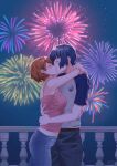  1boy 1girl absurdres aerial_fireworks arms_around_neck bare_shoulders belt blue_hair blue_pants blush breasts brown_hair camisole closed_eyes commission couple cowboy_shot denim facing_another fireworks from_side hands_on_another&#039;s_back headphones headphones_around_neck heart hetero highres hug jeans kiss medium_breasts midriff_peek night night_sky official_alternate_costume outdoors pants persona persona_3 pink_camisole profile shirt short_hair short_sleeves signature sky spaghetti_strap star_(sky) starry_sky takeba_yukari yura_s_arts yuuki_makoto_(persona_3) 