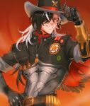  1boy artist_name belt belt_buckle black_hair black_hat black_jacket boothill_(honkai:_star_rail) brown_belt buckle bullet_earrings cape chalseu commentary cowboy_hat cropped_jacket crosshair_pupils cyborg earrings english_commentary grey_eyes grin hair_over_one_eye hand_on_headwear hand_on_own_hip hand_up hat hat_feather hat_tip highres honkai:_star_rail honkai_(series) jacket jewelry long_hair looking_at_viewer male_focus mole mole_under_eye multicolored_hair multiple_moles one_eye_covered orange_background parted_bangs partially_unzipped police_badge red_cape red_pupils sharp_teeth short_sleeves sidelocks simple_background smile solo streaked_hair symbol-shaped_pupils teeth v-shaped_eyebrows white_hair zipper zipper_pull_tab 