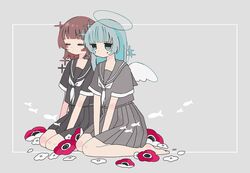  2girls anemone_(flower) arms_between_legs barefoot black_sailor_collar black_serafuku black_shirt black_skirt blue_eyes blue_hair blunt_bangs brown_hair choppy_bangs feet fish flower from_side full_body grey_background grey_sailor_collar grey_serafuku grey_skirt halo highres inset_border jitome long_bangs looking_ahead mini_wings multiple_girls neckerchief original pleated_skirt red_flower sailor_collar school_uniform serafuku shirt short_sleeves side-by-side simple_background sitting skirt sparkle sskitaco wariza white_neckerchief white_wings wings 