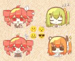 4girls a.i._voice adachi_rei ahoge chaun_meguri chibi chibi_only closed_eyes closed_mouth commentary crossed_bandaids drill_hair emoji facing_viewer finger_to_mouth gloves green_hair grey_jacket grey_shirt hair_ornament hair_ribbon hairclip headlamp headset hyouenn jacket kasane_teto kasane_teto_(sv) long_sleeves looking_at_viewer medium_hair multiple_girls one_side_up open_clothes open_jacket open_mouth orange_hair original radio_antenna red_eyes red_ribbon redhead ribbon shirt shushing smile sparkle straight-on sunglasses symbol-only_commentary synthesizer_v triangle_mouth twin_drills utau white_gloves white_jacket white_ribbon zzz 