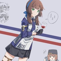  1girl 4girls black_gloves blue_hairband blue_necktie blue_ribbon blue_shirt brown_hair commandant_teste_(kancolle) cup drinking_glass freckles gloves green_eyes grey_background hairband kantai_collection long_hair long_sleeves looking_at_viewer maglev_ahoge_(oamiadufic) military_uniform mogador_(kancolle) multiple_girls necktie pleated_skirt ribbon richelieu_(kancolle) shirt sidelocks skirt solo solo_focus spoken_sweatdrop sweatdrop tashkent_(kancolle) uniform wine_glass 