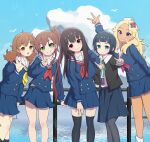  5girls absurdres bird black_hair black_pantyhose black_socks black_thighhighs blonde_hair blue_eyes brown_hair chikura_shizuru clouds green_eyes grin highres hoshi_nadeshiko kuga_reimi lighthouse long_sleeves looking_at_viewer multiple_girls nakatomi_yoka newminds ocean orange_eyes pantyhose pleated_skirt red_eyes school_uniform shinonome_akira shuumatsu_train_doko_he_iku? skirt smile socks tan teeth thigh-highs uniform v violet_eyes 