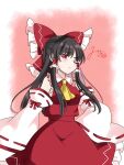  1girl ascot bow commentary_request detached_sleeves frilled_bow frilled_hair_tubes frills hair_bow hair_tubes hakurei_reimu highres light_blush long_hair looking_at_viewer mito_(fate) one_eye_closed red_bow red_eyes red_skirt ribbon-trimmed_sleeves ribbon_trim signature skirt skirt_set solo touhou yellow_ascot 