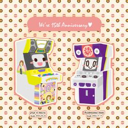  1998 arcade_cabinet beatmania_(series) bemani blush_stickers commentary_request english_text engrish_text eyelashes heart no_humans object_focus open_mouth outline patterned_background piano_keys pink_outline pop&#039;n_music ranguage rice_m smile speaker speech_bubble 