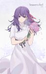  1girl absurdres bouquet dress expressionless fate/stay_night fate_(series) gradient_background hair_ribbon heaven&#039;s_feel highres holding holding_bouquet looking_at_viewer matou_sakura meirong purple_hair ribbon violet_eyes white_dress 