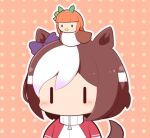  1girl animal animal_ears animal_on_head bird blush_stickers bow brown_background chibi ear_bow gomashio_(goma_feet) hair_between_eyes hairband horse_ears horse_girl horse_tail human_head jacket on_head orange_hair outline polka_dot polka_dot_background purple_bow red_jacket silence_suzuka_(umamusume) simple_background special_week_(umamusume) tail track_jacket umamusume upper_body white_hairband white_outline |_| 