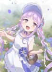  1girl :d basket blue_flower blurry blurry_background blush bonnet braid brown_eyes collarbone commentary_request day depth_of_field dress flower frilled_dress frills gucchiann hat highres kyouka_(princess_connect!) long_hair looking_at_viewer low_twintails outdoors petals pink_flower pointy_ears princess_connect! ribbon-trimmed_dress sleeveless sleeveless_dress smile solo star_(symbol) twin_braids twintails very_long_hair white_dress white_hat 