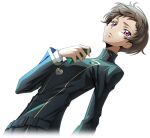  1boy arm_at_side artist_request belt black_jacket brown_hair buttons closed_mouth code_geass code_geass:_lost_stories cropped_torso dutch_angle game_cg hand_up heart holding holding_phone jacket jewelry layered_sleeves locket long_sleeves looking_at_viewer male_focus non-web_source official_art pendant phone rolo_lamperouge school_uniform short_hair sidelocks simple_background solo standing transparent_background turtleneck turtleneck_jacket violet_eyes 