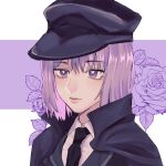  1girl akaakaakaakashio black_cape black_hat black_jacket black_necktie cape chinese_commentary closed_mouth commentary_request cookie_(touhou) expressionless flower geru_futota hat highres jacket leaf necktie peaked_cap portrait purple_hair remilia_scarlet rose short_hair solo touhou violet_eyes 