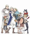  3boys 3girls :3 animal_ears armor barefoot beard black_hair blonde_hair boots brown_hair cat_ears cat_girl cat_tail chilchuck_tims crossed_arms dungeon_meshi dwarf elf facial_hair fake_horns falin_touden falin_touden_(tallman) grey_hair halfling helmet horned_helmet horns hug izutsumi kui_ryouko laios_touden long_beard marcille_donato multiple_boys multiple_girls mustache official_art pointy_ears red_scarf sandals scarf senshi_(dungeon_meshi) simple_background smile tail third-party_source very_long_beard 