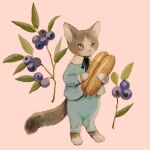  absurdres animal animal_focus baguette blue_jacket blue_pants blue_ribbon blueberry bread cat clothed_animal collared_jacket commentary_request food fruit highres holding holding_food jacket leaf long_sleeves neck_ribbon no_humans original pants pink_background ribbon simple_background solo standing tono_(rt0no) 