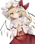  1boy blonde_hair cowboy_shot crystal_wings flandre_scarlet hat highres mob_cap one_eye_closed own_hands_together puffy_short_sleeves puffy_sleeves red_eyes short_sleeves side_ponytail simple_background solo sorani_(kaeru0768) touhou white_background wrist_cuffs 