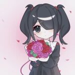  1girl ame-chan_(needy_girl_overdose) black_dress black_eyes black_hair bouquet closed_mouth collared_dress dress flower hair_ornament hair_over_one_eye holding holding_bouquet long_hair long_sleeves looking_at_viewer mofa_shaonu_xiao_die needy_girl_overdose official_alternate_costume petals pink_flower pink_rose red_flower red_rose rose rose_petals solo twintails x_hair_ornament 
