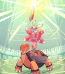  arm_up closed_eyes closed_mouth commission glowing highres kibisake lava lurantis people pokemon pokemon_(creature) red_eyes silhouette skeb_commission slit_pupils standing steam torkoal turtle 