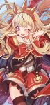  1girl blonde_hair bracer cagliostro_(granblue_fantasy) cape cheek_poking crown granblue_fantasy hairband highres long_hair one_eye_closed open_mouth poking ryuusei_(trickster) solo spiked_hairband spikes thigh-highs tiara violet_eyes 