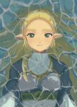  1girl blonde_hair blue_shirt closed_mouth commentary_request green_eyes highres long_hair long_sleeves lying on_back partially_submerged pointy_ears princess_zelda shirt smile solo the_legend_of_zelda the_legend_of_zelda:_breath_of_the_wild upper_body yamori_(yamoooon21) 