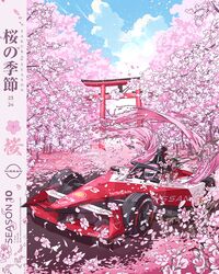  1boy car cherry_blossoms clouds driving english_commentary formula_e formula_racer helmet highres japan juan_alcala motor_vehicle nismo nissan official_art pink_helmet race_vehicle racecar real_life red_car sacha_fenestraz shadow shell_(company) sky sponsor tree vehicle_focus 